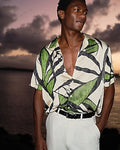 Express Men's Abstract Floral Palm Short Sleeve Resort Shirt in Sandshell