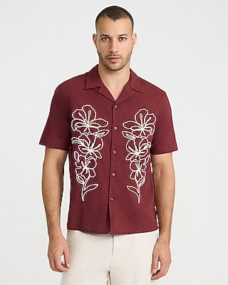 Express Men's Embroidein Red Contrast Floral Cotton Ruby Short Sleeve Shirt Small