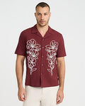 Express Men's Embroidered Contrast Floral Cotton Ruby Short Sleeve Shirt in Ruby Gem
