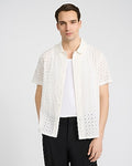 Express Men's Textured Check Eyelet Cotton Short Sleeve Shirt in White Small