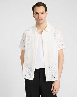 Express Men's Textured Check Eyelet Cotton Short Sleeve Shirt in White Small