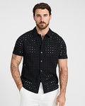 Express Men's Textured Check Eyelet Cotton Short Sleeve Shirt in Black Small
