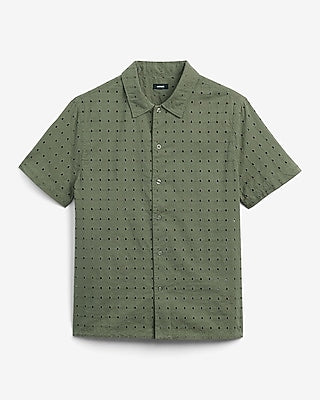 Express Men's Textured Check Eyelet Cotton Short Sleeve Shirt in Green Small
