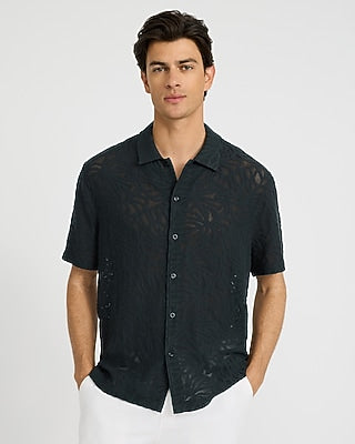 Express Men's Lace Eyelet Floral Short Sleeve Shirt in Gray