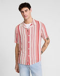 Express Men's Striped Rayon Short Sleeve Shirt in Wild Poppy Atlas
