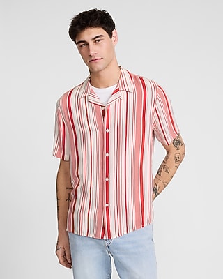 Express Men's Striped Rayon Short Sleeve Shirt in Wild Poppy Atlas