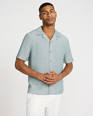 Express Men's Double Pocket Linen-Blend Short Sleeve Shirt in Calcite