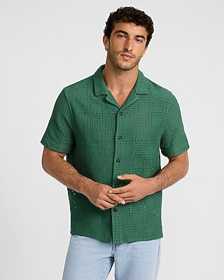 Express Men's Textured Crochet Lace Short Sleeve Shirt in Green