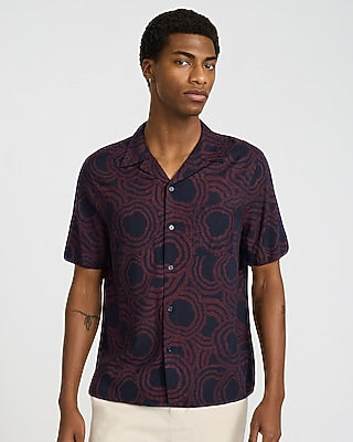 Express Men's Large Abstract Camp Collar Rayon Short Sleeve Shirt in Navy Blue