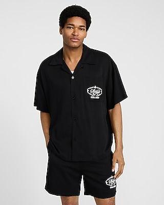 Express Men's Eternal Summer Graphic Short Sleeve Camp Collar Black Shirt in Jet Black