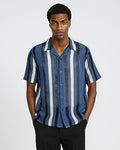 Express Men's Textured Open Knit Stripe Short Sleeve Shirt in Blue Small