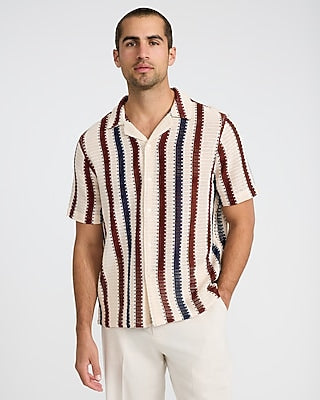 Express Men's Textured Open Knit Stripe Short Sleeve Shirt in White Small
