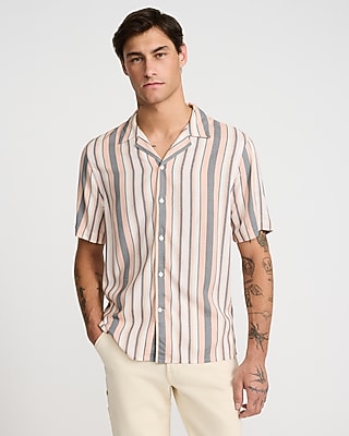 Express Men's Striped Rayon Short Sleeve Shirt in Peach