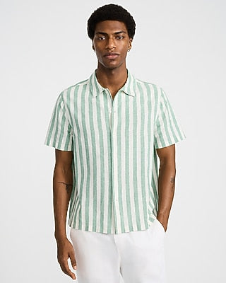Express Men's Striped Linen Cotton Short Sleeve Shirt in Green Small