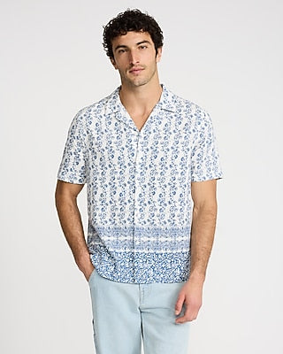 Express Men's Bordered Floral Linen-Blend Short Sleeve Shirt in Slate Blue