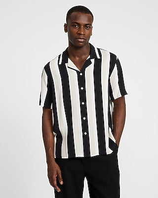 Express Men's Striped Rayon Short Sleeve Shirt in Jet Black