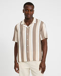 Express Men's Striped Rayon Short Sleeve Shirt in Brown Small