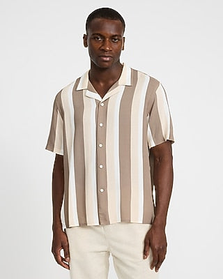 Express Men's Striped Rayon Short Sleeve Shirt in Brown Small