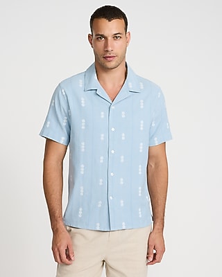 Express Men's Textured Floral Striped Cotton-Blend Short Sleeve Shirt in Skylight Blue