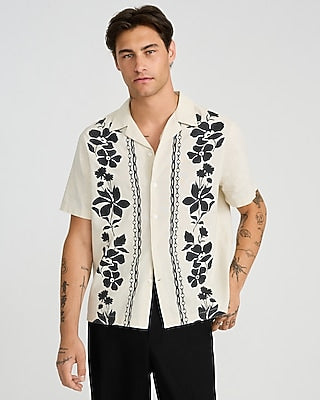 Express Men's Contrast Floral Linen Cotton Short Sleeve Shirt in Neutral Small