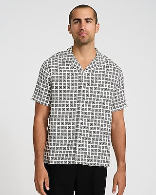 Express Men's Geo Tile Camp Collar Rayon Short Sleeve Shirt in Pearl White