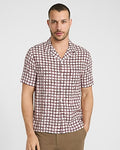 Express Men's Geo Tile Camp Collar Rayon Short Sleeve Shirt in Red Small