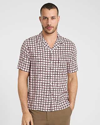 Express Men's Geo Tile Camp Collar Rayon Short Sleeve Shirt in Red Small
