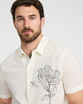 Express Men's Embroidered Contrast Flower Cotton Ivory Short Sleeve Shirt in White Small