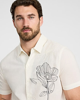 Express Men's Embroidered Contrast Flower Cotton Ivory Short Sleeve Shirt in White Small