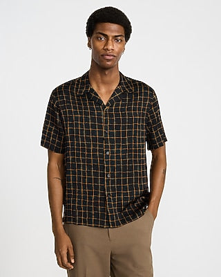 Express Men's Windowpane Camp Collar Short Sleeve Resort Shirt in Black Small