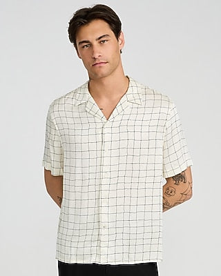 Express Men's Windowpane Camp Collar Short Sleeve Resort Shirt in White Small