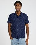 Express Men's Embroidered Floral Cotton Short Sleeve Shirt in Navy Blue