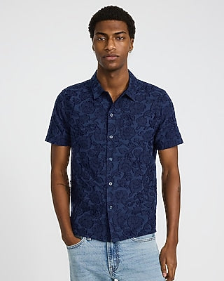 Express Men's Embroidered Floral Cotton Short Sleeve Shirt in Navy Blue