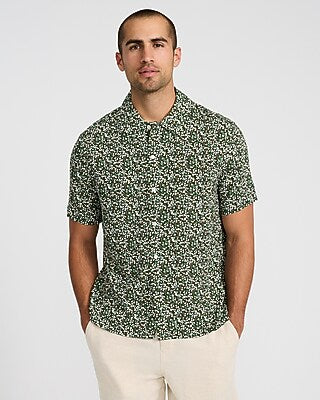 Express Men's Mini Floral Rayon Short Sleeve Shirt in Green Small