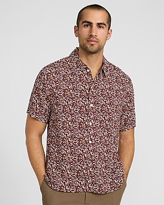 Express Men's Mini Floral Rayon Short Sleeve Shirt in Red Small