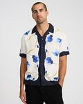 Express Men's Floral Abstract Border Rayon Short Sleeve Shirt in Navy Blue