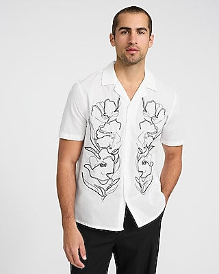 Express Men's Embroidered Contrast Floral Cotton Ivory Short Sleeve Shirt in White Small