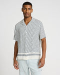 Express Men's Bordered Geo Rayon Short Sleeve Shirt in White Small