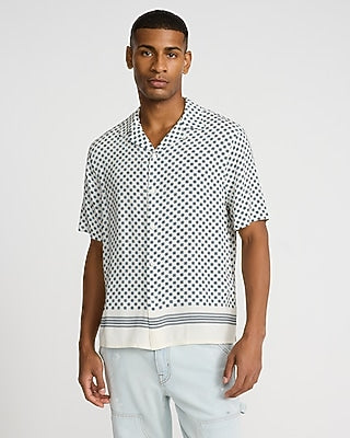 Express Men's Bordered Geo Rayon Short Sleeve Shirt in White Small