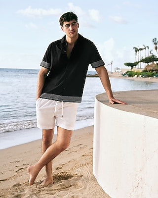 Express Men's Embroidered Striped Linen-Blend Short Sleeve Shirt in Black Small