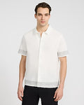 Express Men's Embroidered Striped Linen-Blend Short Sleeve Shirt in White Small