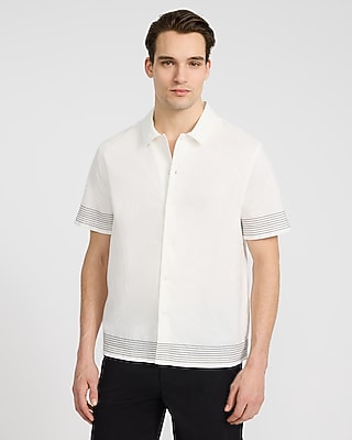 Express Men's Embroidered Striped Linen-Blend Short Sleeve Shirt in White Small