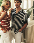 Express Men's Striped Short Sleeve Resort Shirt in Black Small