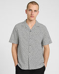Express Men's Curved Striped Linen-Blend Short Sleeve Shirt in Black Small