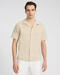 Express Men's Curved Striped Linen-Blend Short Sleeve Shirt in Tan