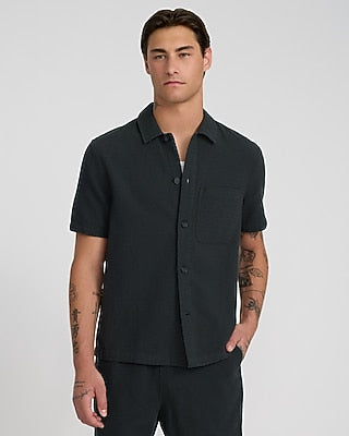 Express Men's Waffle Textured Cotton Short Sleeve Shirt in Gray Small