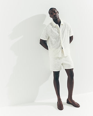 Express Men's Textured Embroidered Patchwork Cotton Short Sleeve Shirt in Ivory