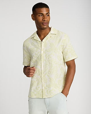 Express Men's Textured Floral Short Sleeve Shirt in Iced Celery Atlas