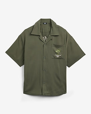 Express Men's Palmera Resort Graphic Short Sleeve Camp Collar Shirt in Green Small