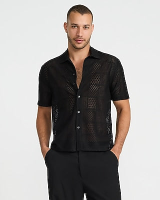 Express Men's Textured Tile Lace Short Sleeve Shirt in Jet Black